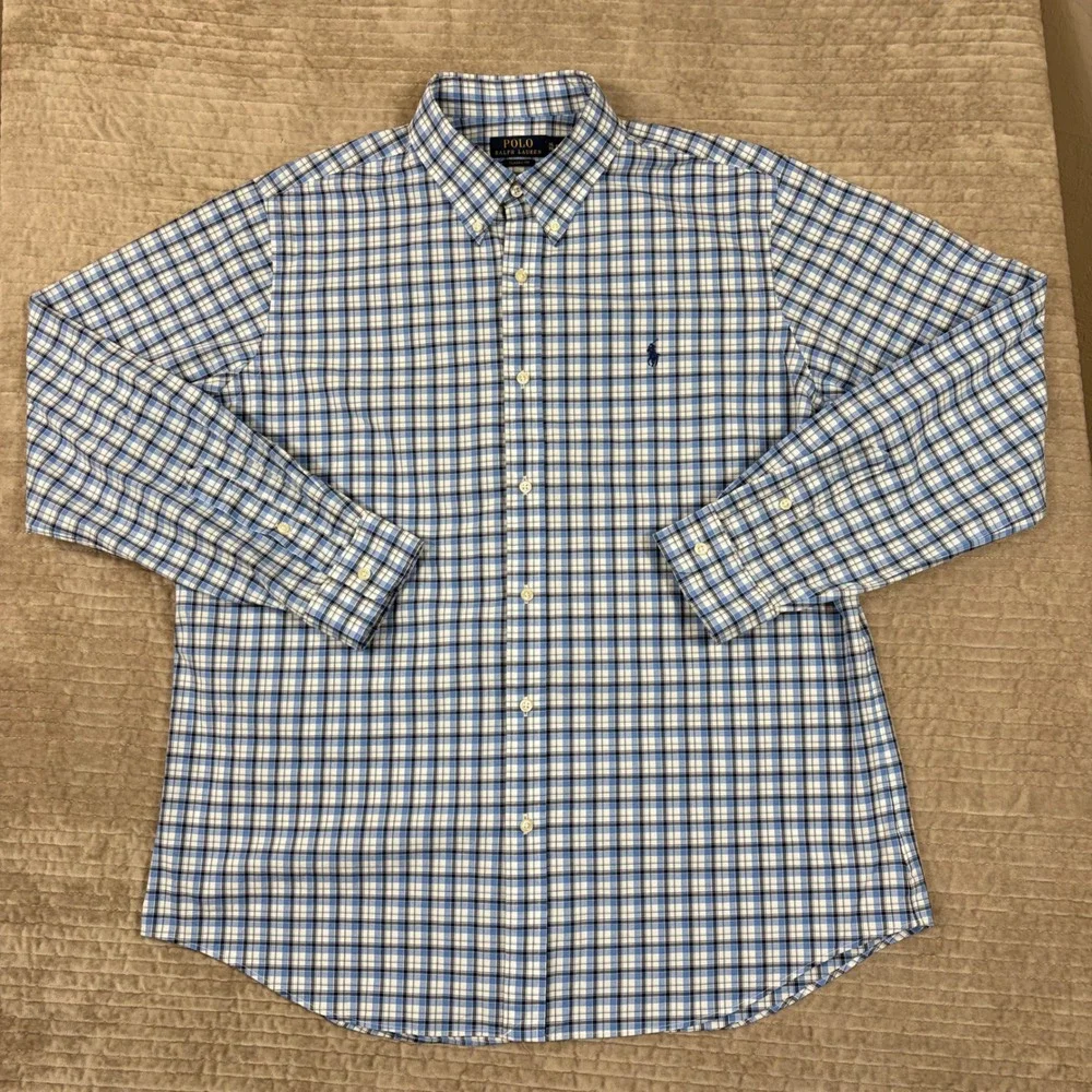 Polo Ralph Lauren Mens XL Classic Fit Blue Plaid Button Down Shirt Stretch
